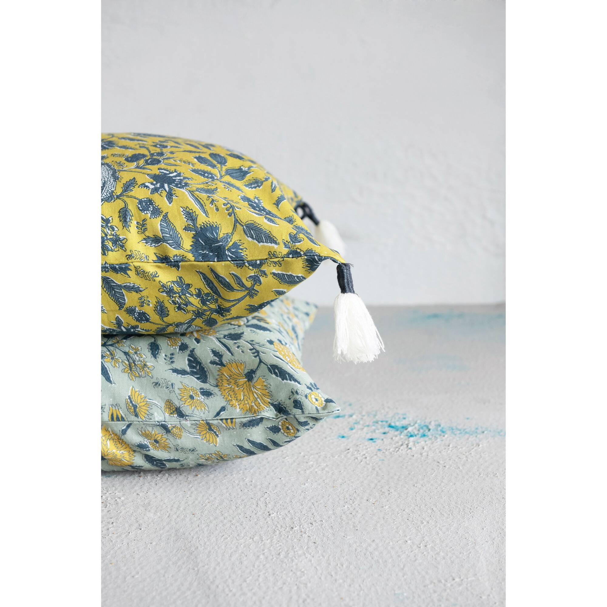 Hello Honey® Chartreuse & Blue Floral Pattern Cotton Pillow with Yarn-Wrapped Tassels